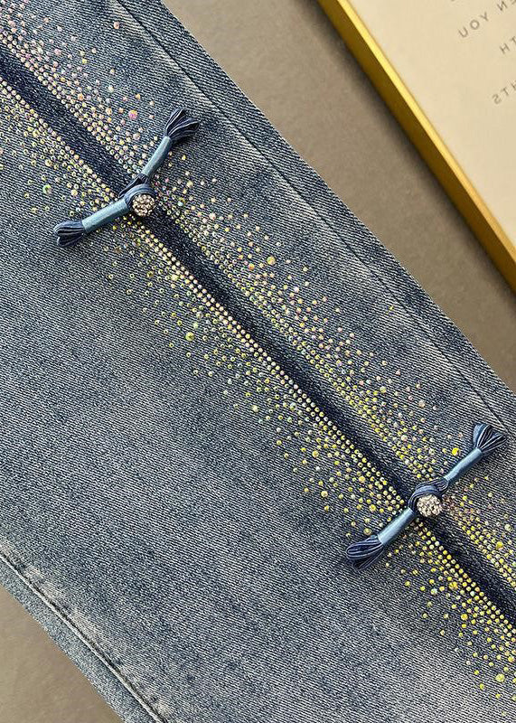Blue Patchwork Zircon High Waist Wide Leg Jeans Fall