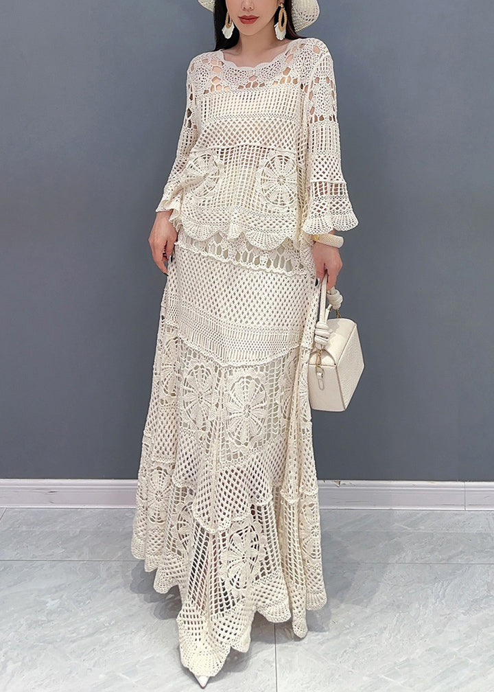 Beige Hollow Out Tops and Skirts Knit Two Piece Set Long Sleeve