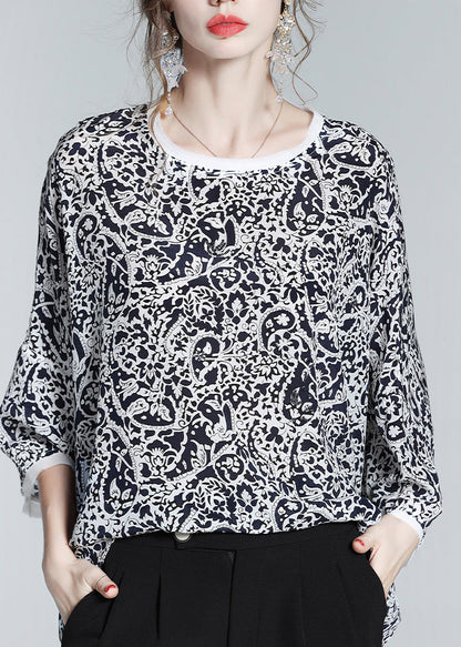 Retro Black O-neck Print Silk Shirts Long Sleeve