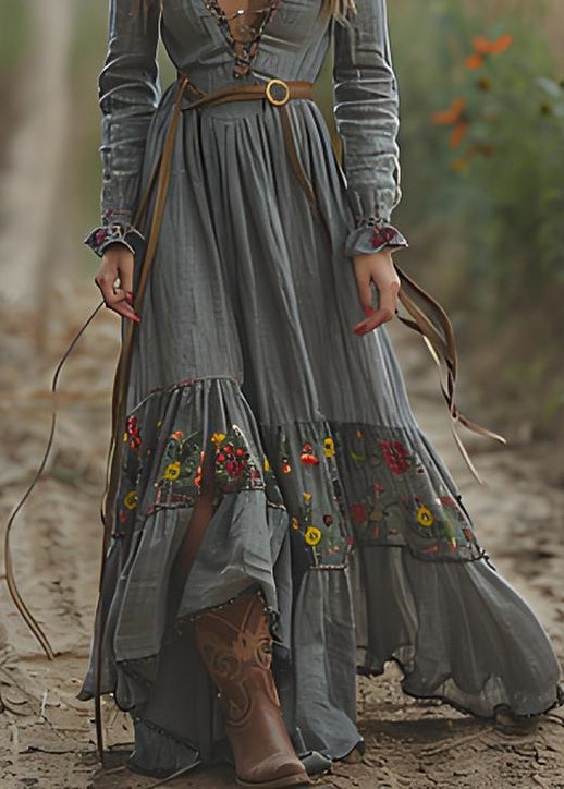 Print Wrinkled Patchwork Cotton Long Dresses Spring