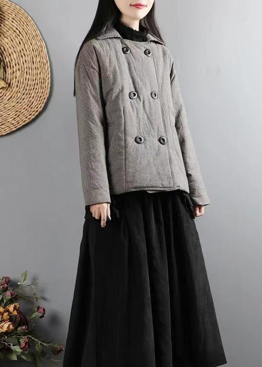Black Plaid Pockets Double Breast Patchwork Cotton Filled Coats Winter