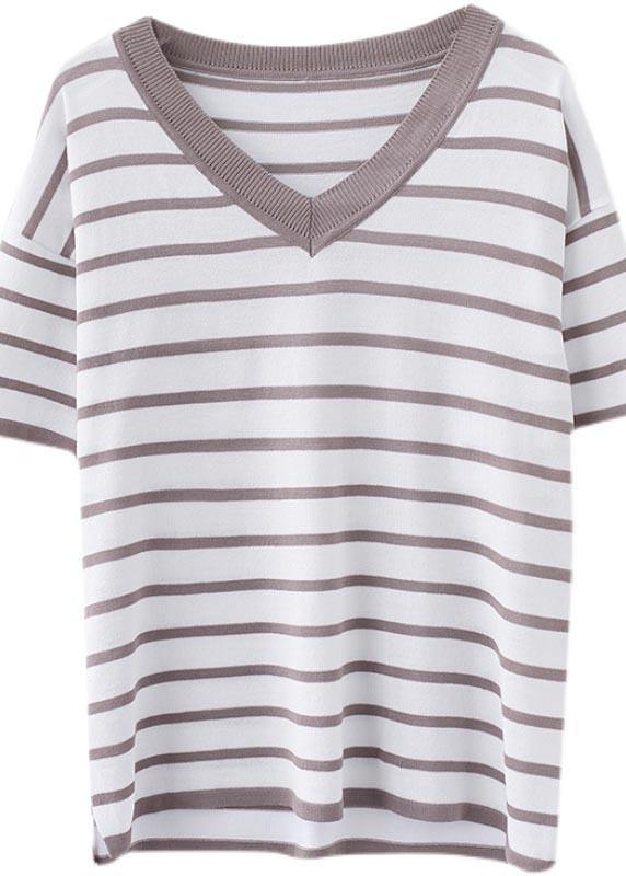 Khaki Striped Side Open Cotton Linen Summer Tops