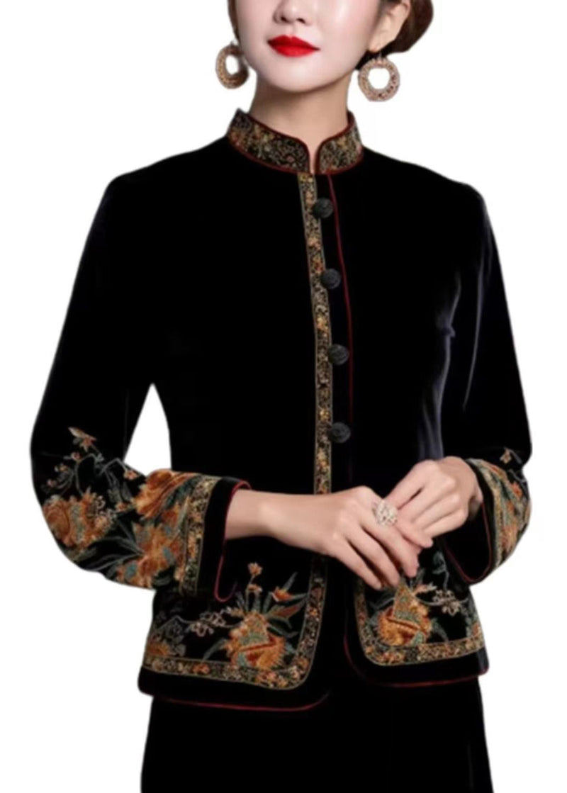 Black Embroideried Button Silk Coats Long Sleeve