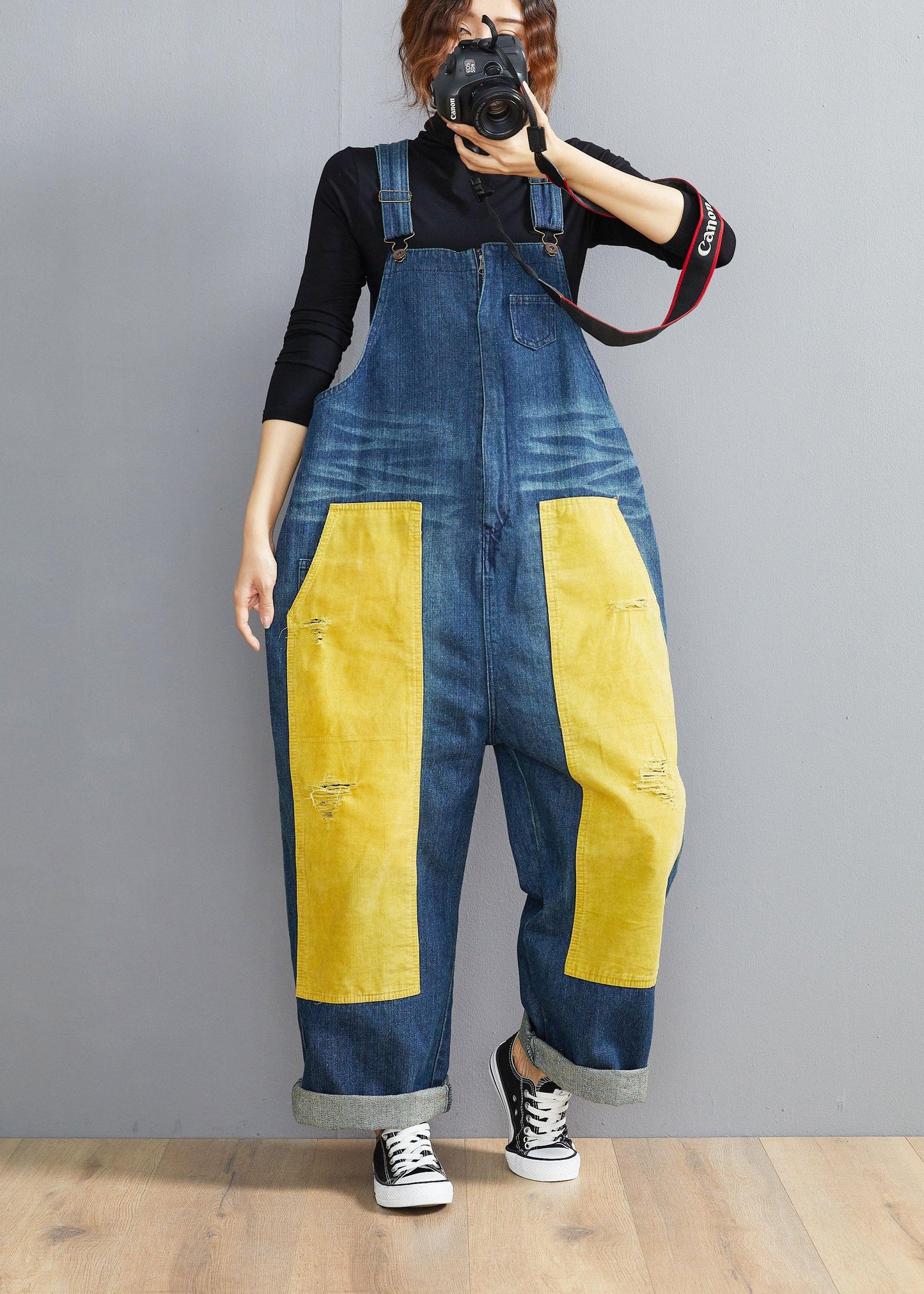 French Denim Blue Jeans Spring Patchwork Jumpsuit Pants