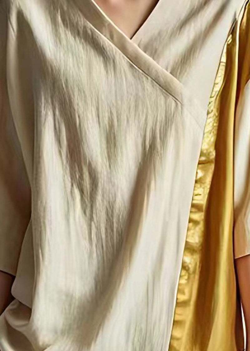 Beige V Neck Patchwork Linen Shirt Tops Summer