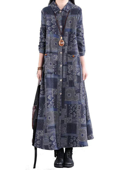 Blue Peter Pan Collar Print Patchwork Warm Fleece Dress Fall