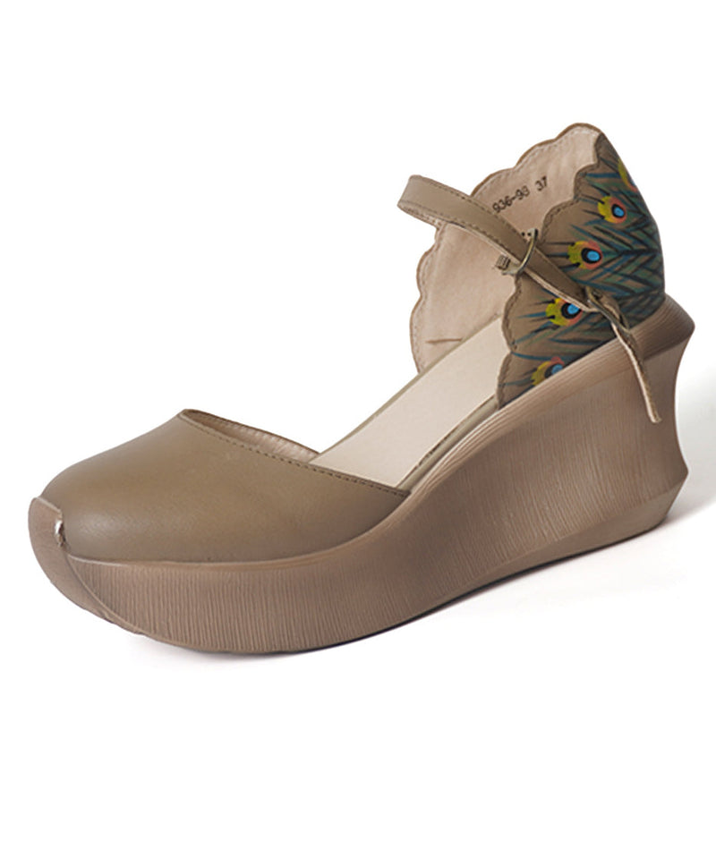 Khaki Cowhide Buckle Strap Platform Sandals