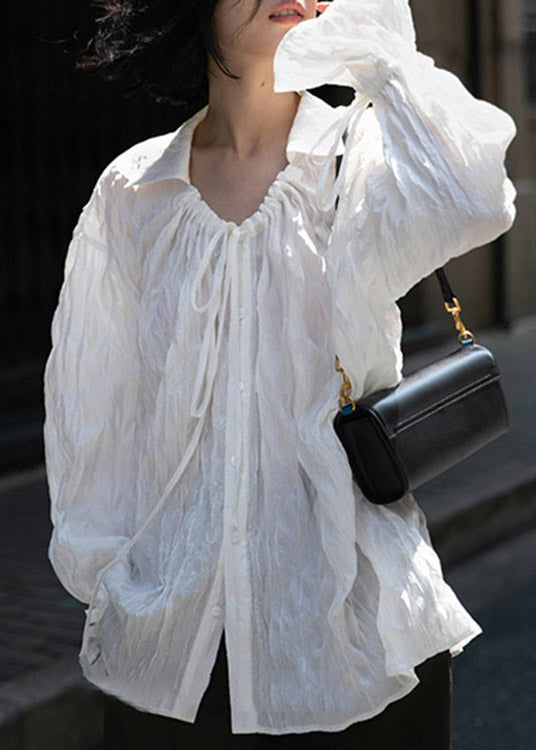 White Peter Pan Collar Wrinkled Neck Tie Button Shirts Long Sleeve