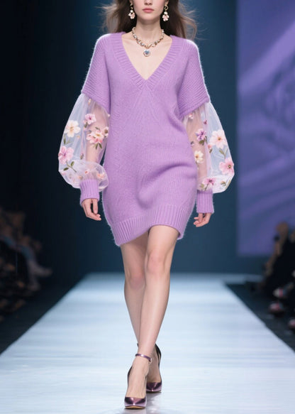 Purple V Neck Patchwork Tulle Knit Sweater Dress Winter