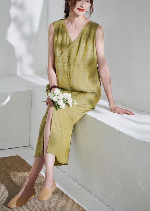 Yellow Pockets Patchwork Summer Linen Long Dress Sleeveless