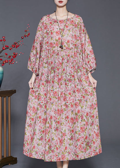 Red Oversized Print Linen Dresses Spring