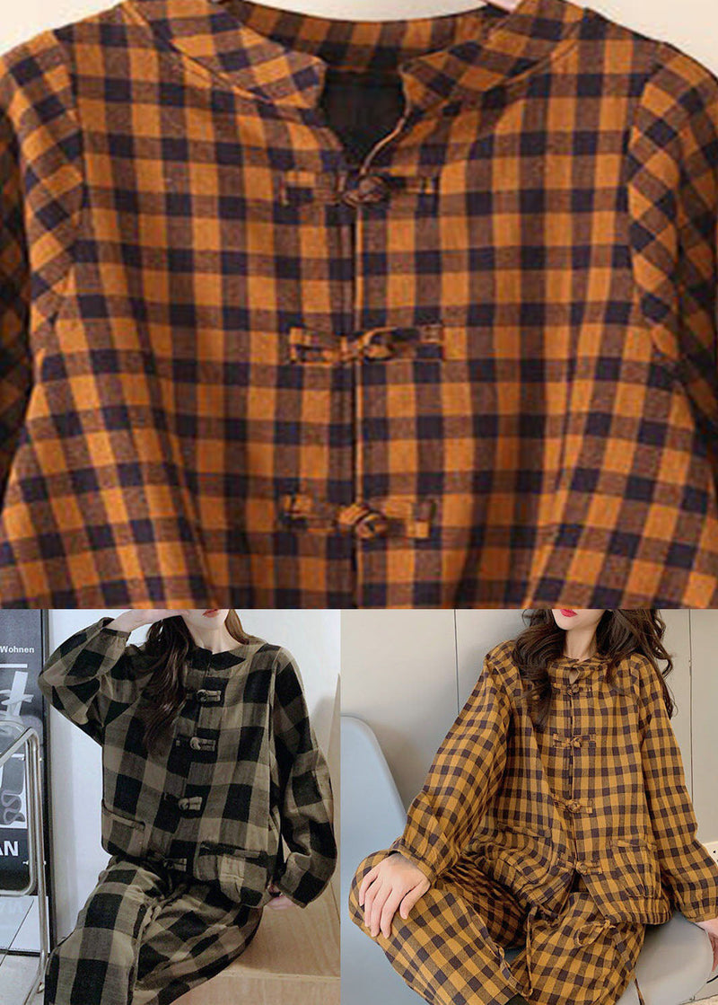 Handmade Khaki O-neck Button Plaid Warm Fleece Two Piece Outfit Spring