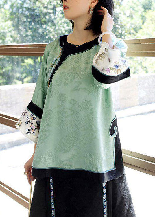 Light Green O-neck Patchwork Print Silk Shirt Tops Spring