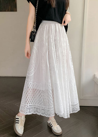 White Hollow Out High Waist Lace Skirt