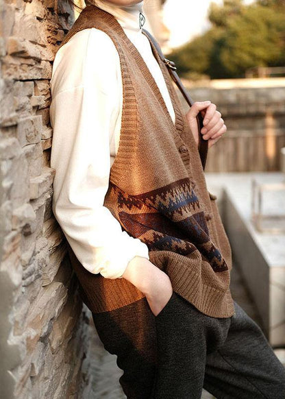 Chocolate V Neck Button Fall Pockets Sleeveless Waistcoat