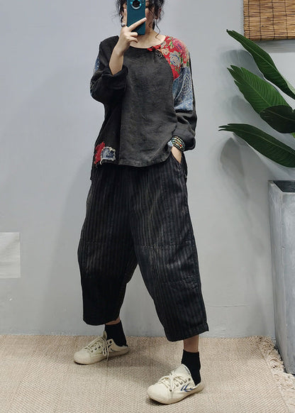 Black Low High Design Linen Blouses Top Long Sleeve
