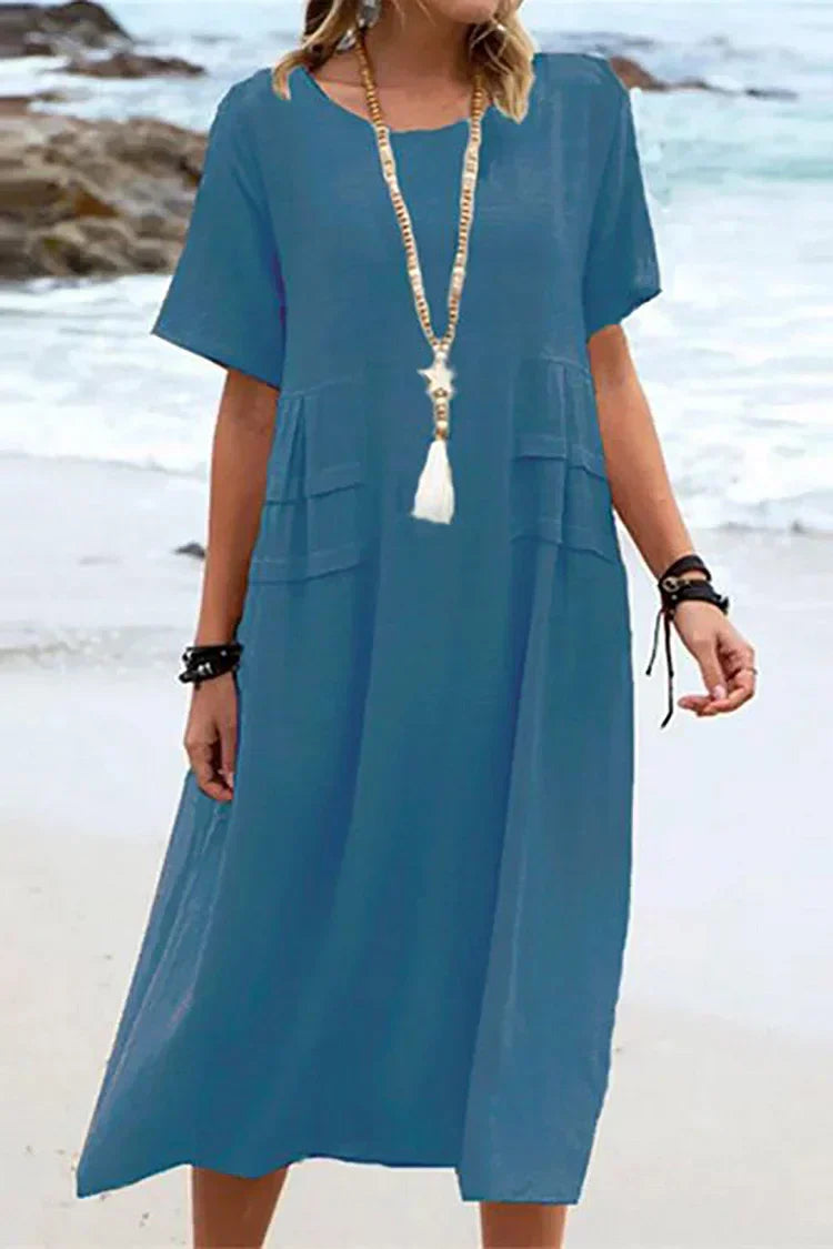 KS | Loose, short-sleeved casual dress with a round neckline and plain colors