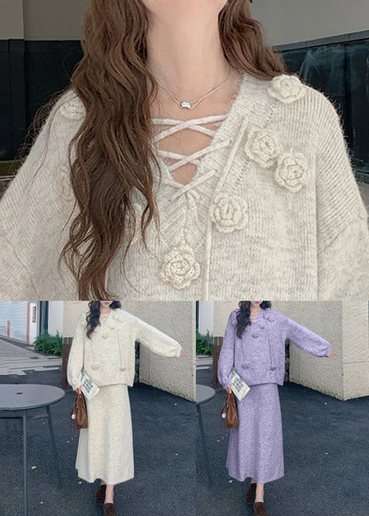Loose Purple Sweaters and Skirts Knit Two Pieces Set Winter