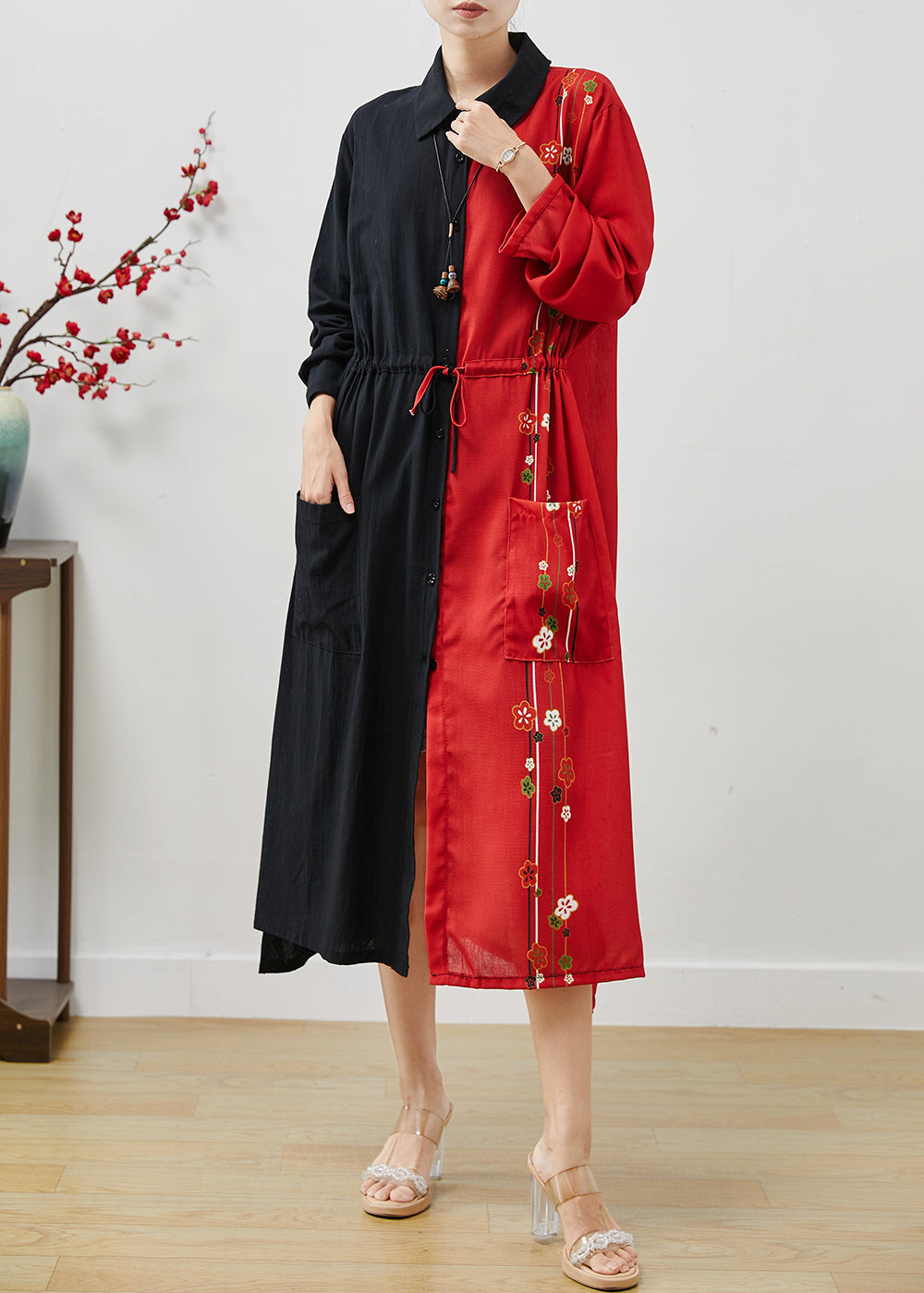 French Colorblock Cinched Patchwork Cotton Dress Spring