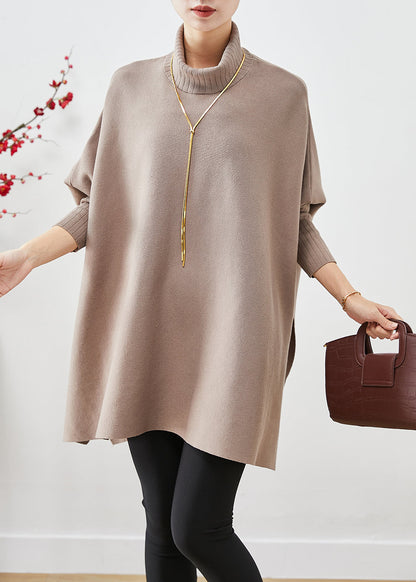 Khaki High Neck Patchwork Side Open Cotton Tops Batwing Sleeve