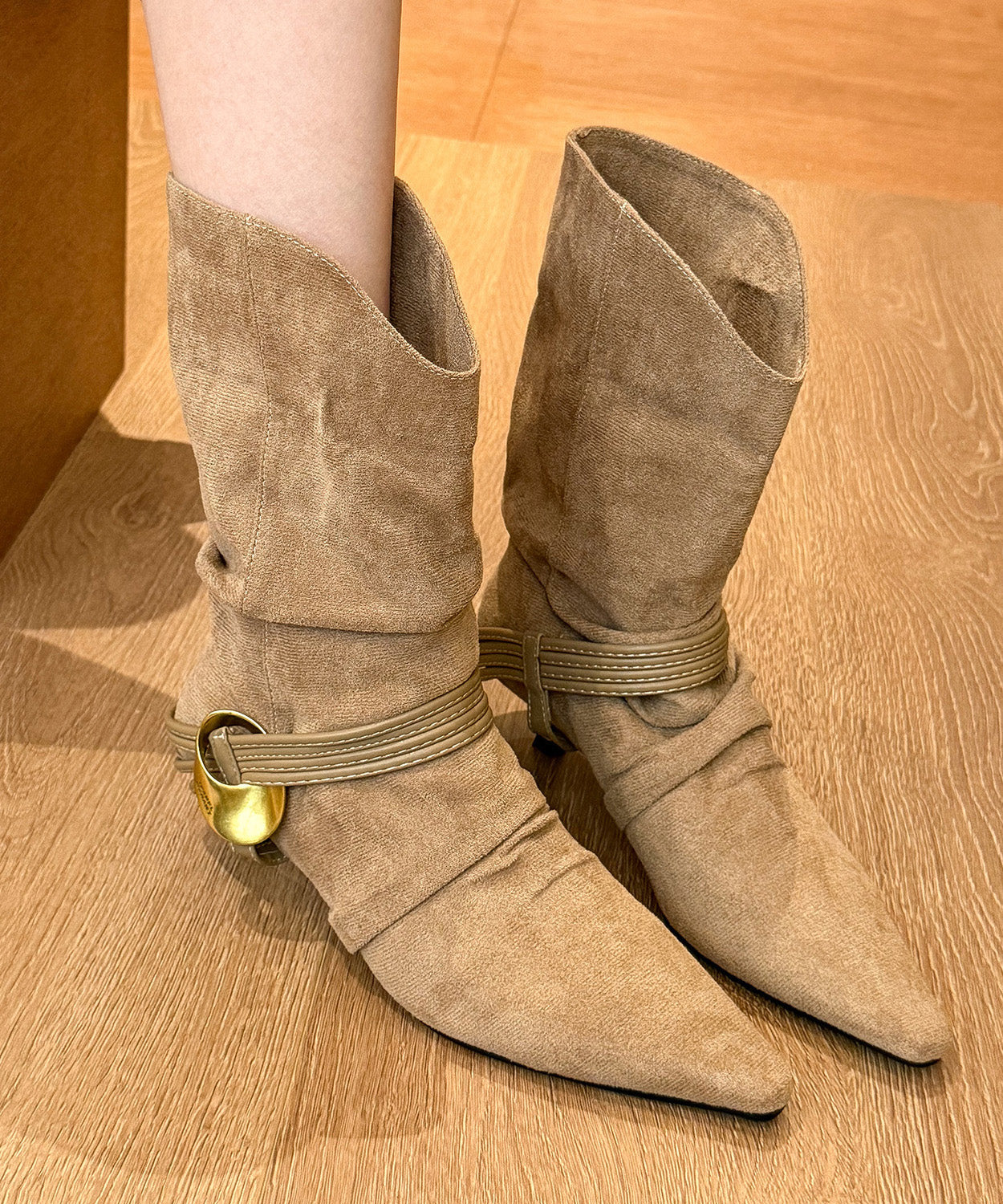 Splicing High Heel Boots Black Suede Pointed Toe