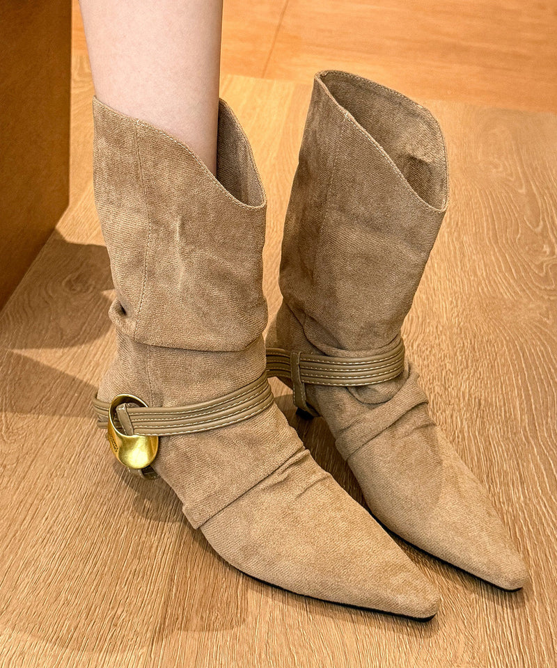 Splicing High Heel Boots Black Suede Pointed Toe