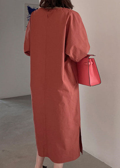 Red Puff Sleeve Cotton Long Dress Spring
