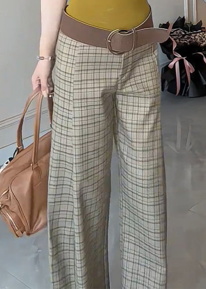 French Plaid High Waist Cotton Wide Leg Pants Summer