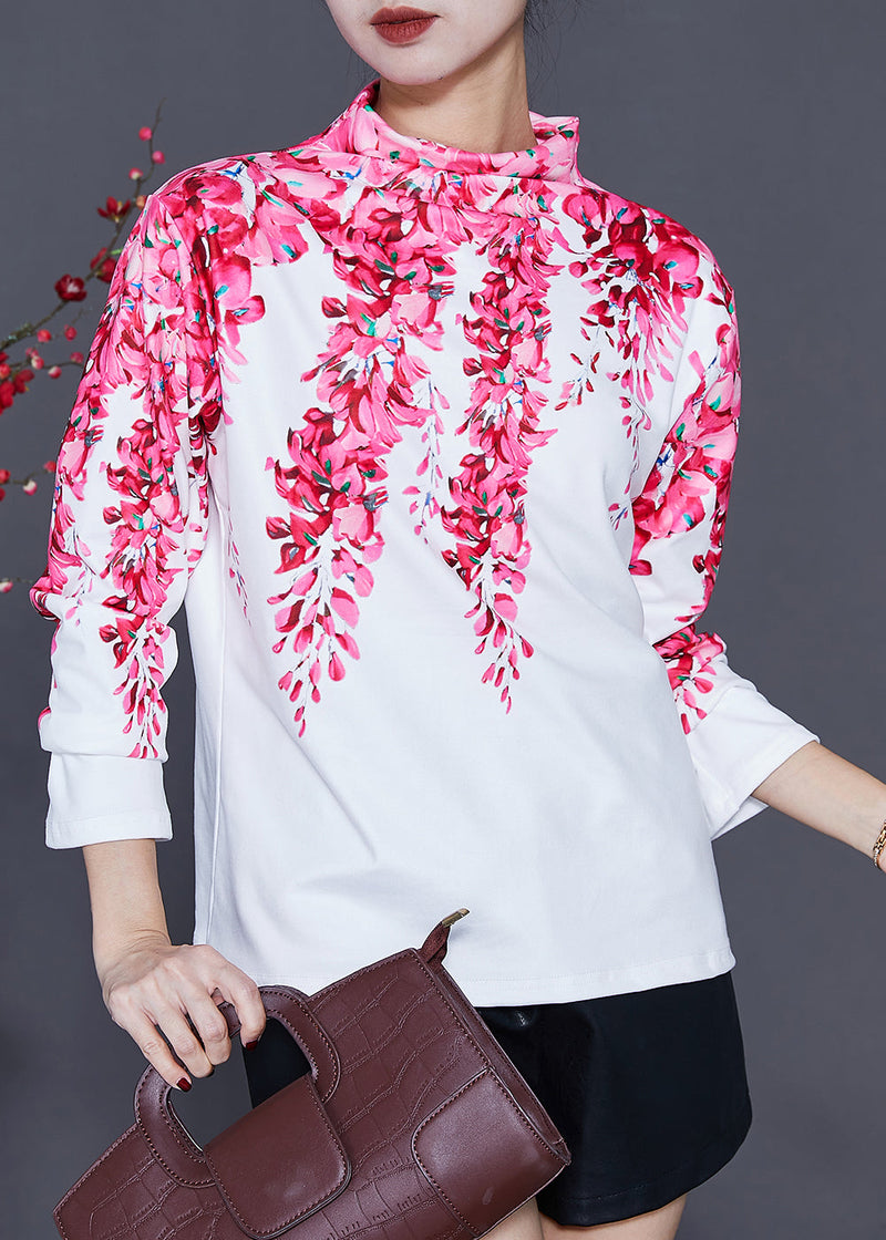 White Cotton Shirt Turtle Neck Print Spring