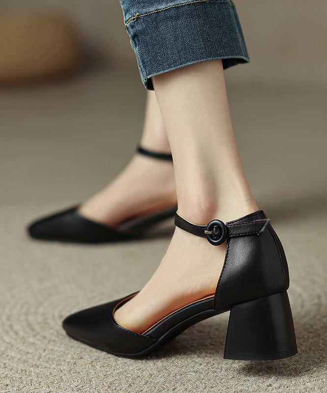 Black Buckle Strap Splicing Chunky High Heels