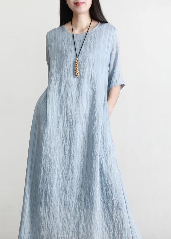 Blue Striped Pockets Robe Summer Cotton Dress