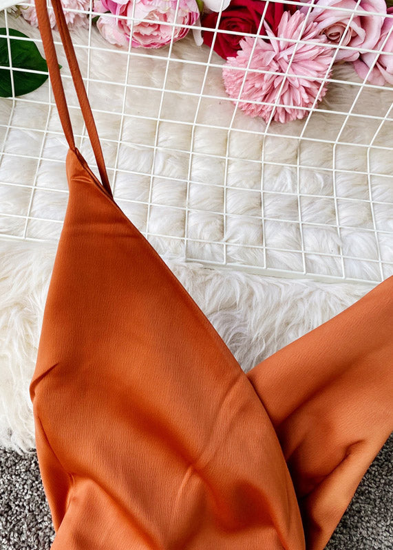 Orange V Neck Patchwork Silk Slip Maxi Dress Summer