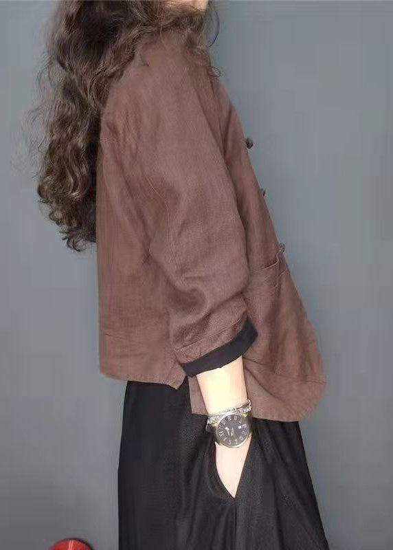 Chocolate Button Pockets V Neck Linen Coat Long Sleeve