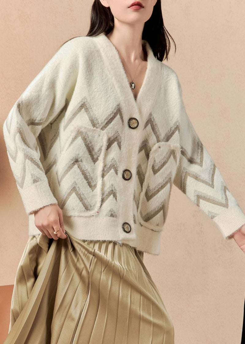 Beige V Neck Button Pockets Knit Coat Winter
