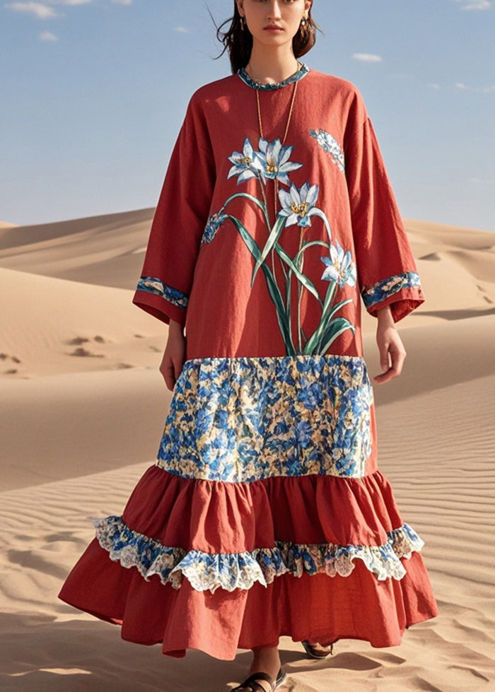 French Red Patchwork Ruffled Cotton Long Dresses Fall