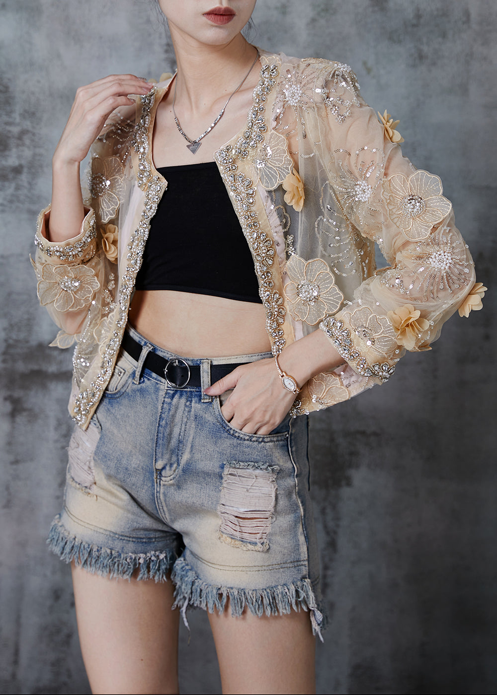 Apricot Organza Upf 50+ Cardigan Sequins Rhinestone Summer