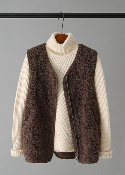 Coffee V Neck Zippered Faux Fur Waistcoat Fall