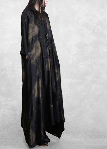Natural Black Print Dresses Lapel Asymmetric Spring Dresses