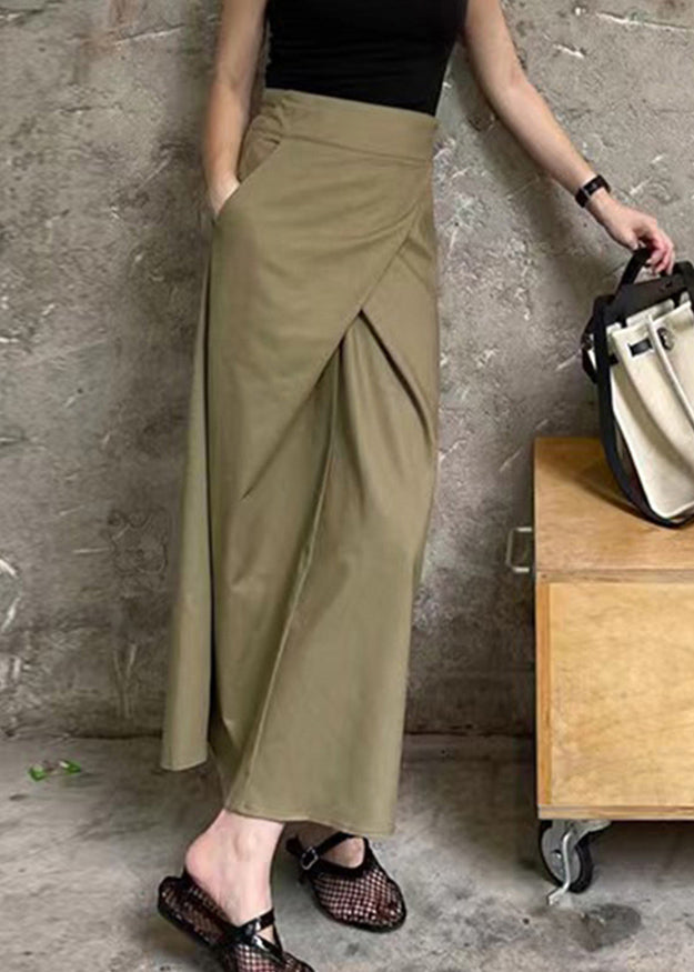 Khaki Asymmetrical Patchwork High Waist Pockets Maxi Skirt Summer