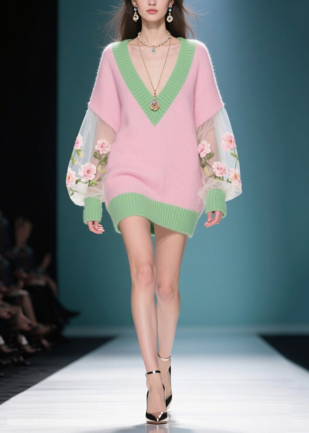 Pink V Neck Patchwork Tulle Sweater Dress Winter
