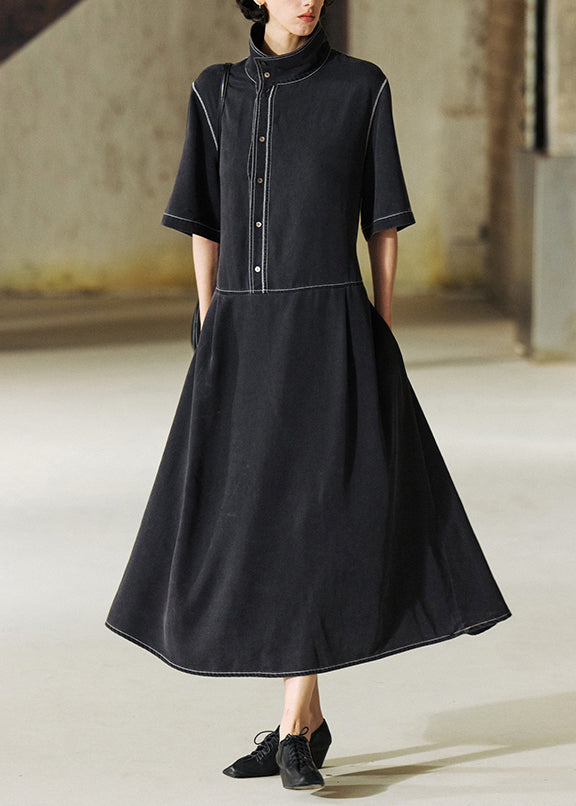 Grey Stand Collar Lace Up Patchwork Denim Dress Summer