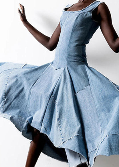 Style Light Blue Asymmetrical Design Patchwork Denim Dress Sleeveless Summer