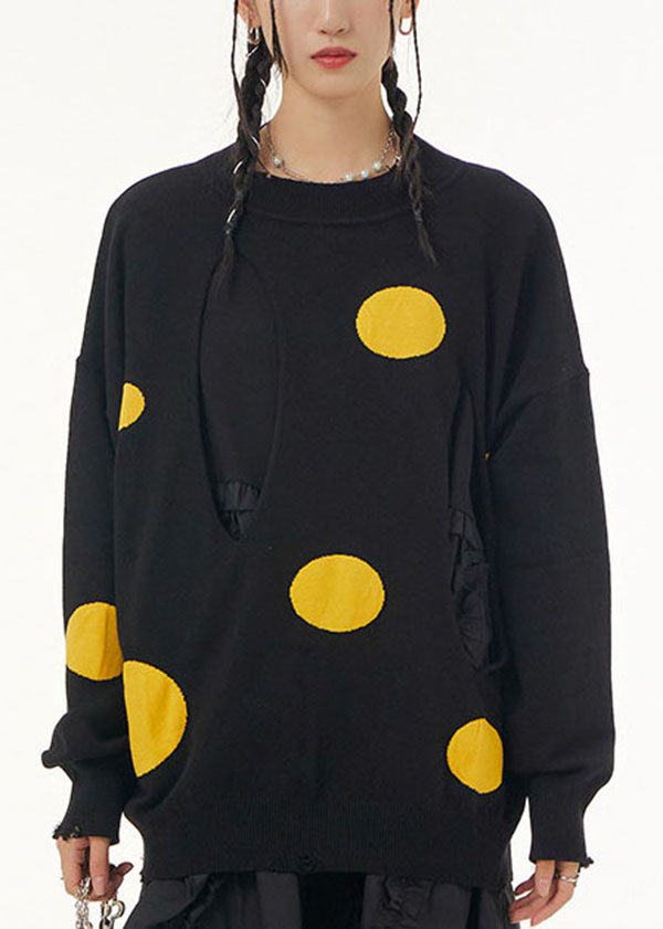 Yellow Dot O Neck Patchwork Knit Sweaters Tops Spring