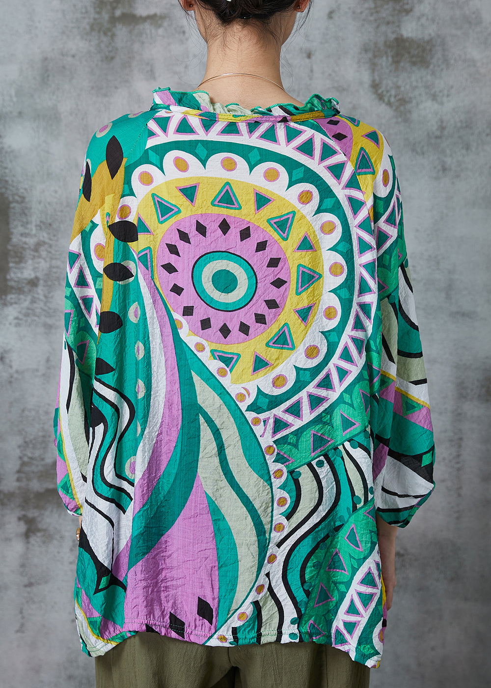 Handmade Green Oversized Print Linen Shirt Tops Summer