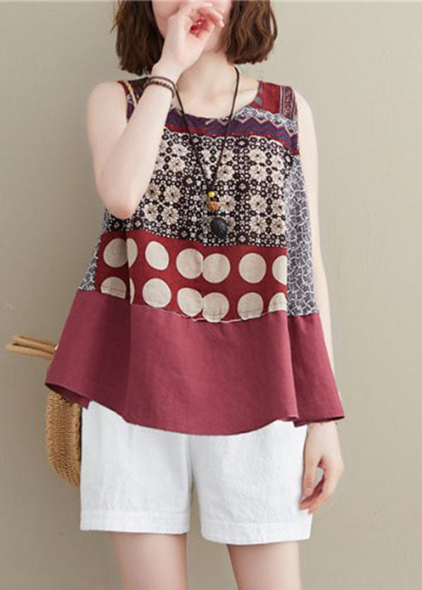 Modern Red O-neck Patchwork Print Cotton a Line Tops Sleeveless