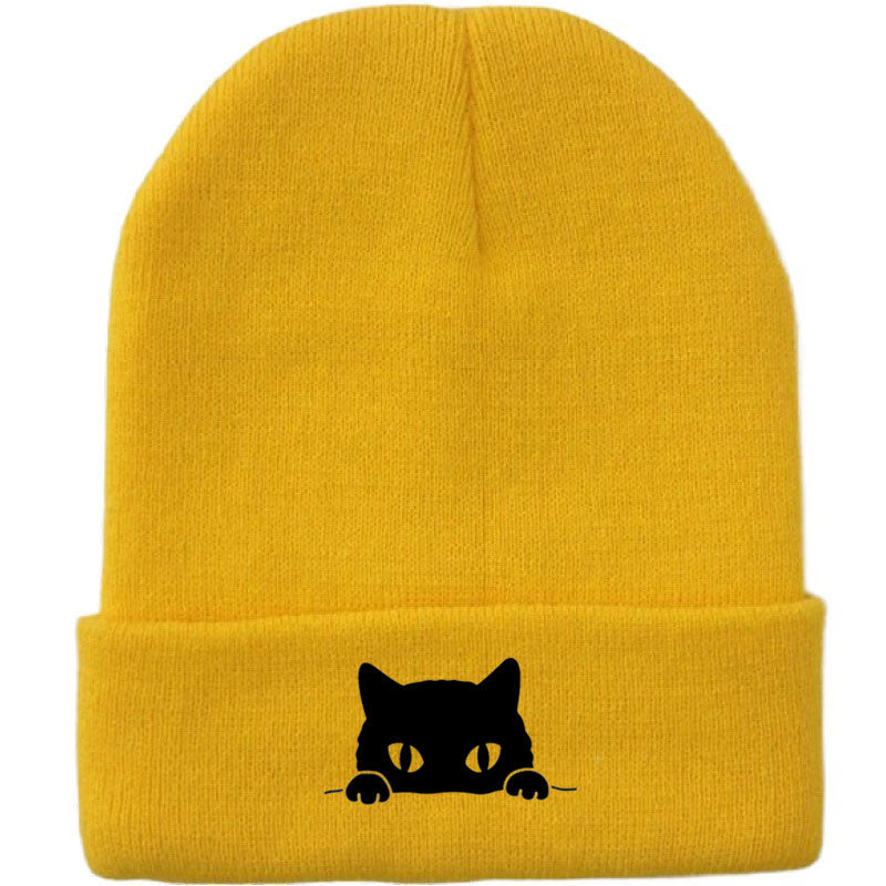 Comstylish Unisex Cartoon Black Cat Print Coldproof Knitted Hat