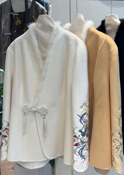 White Fur Collar Button Woolen Coat Long Sleeve