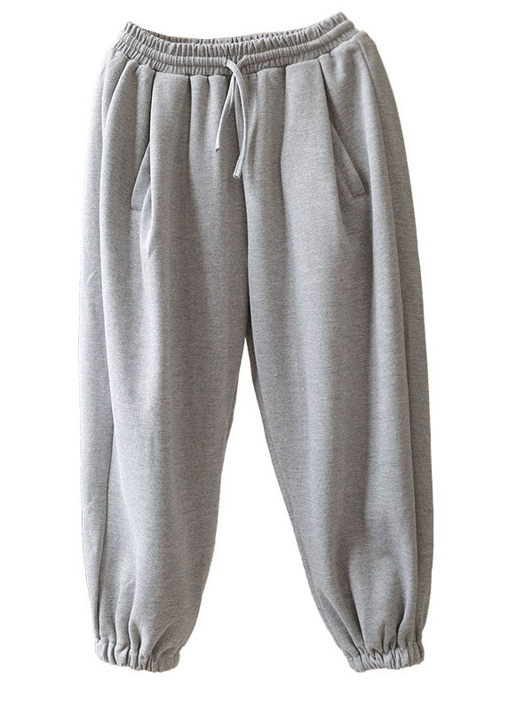 Grey Tie Waist Pockets Harem Fall Pants Cotton
