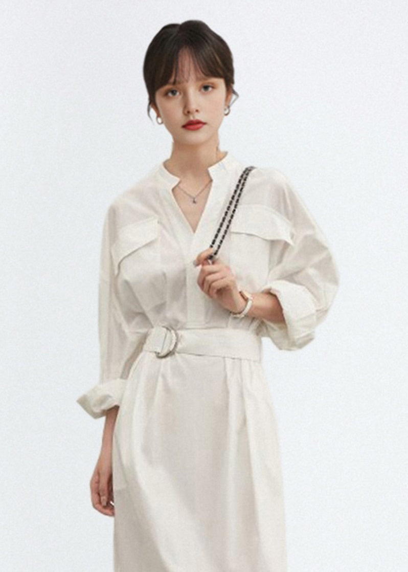 White V Neck Tie Waist Cotton Shirts Dress Fall