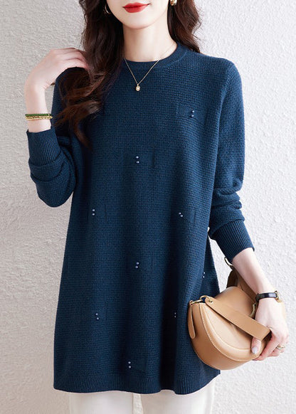 Natural Coffee O-neck Nail Bead Cotton Knit Sweaters Winter